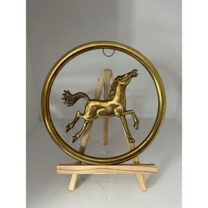 Vintage Brass Floating Horse Wall Hanging Glass Round Frame Decor Taiwan 8.25"